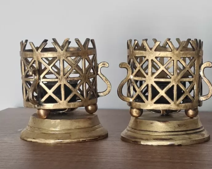 Vintage Bakır Kafes Şamdan Mumluk Çift – Antika Koleksiyonluk