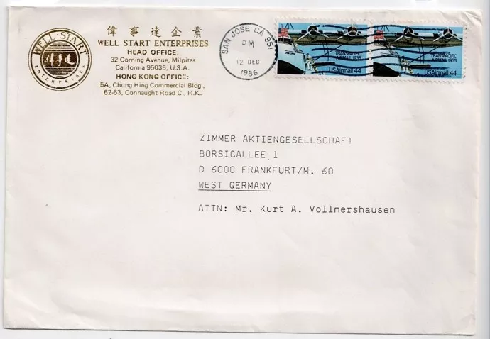 Well Start Enterprises – Zimmer AG 1986 ABD’den Almanya’ya Hava Postası Zarfı