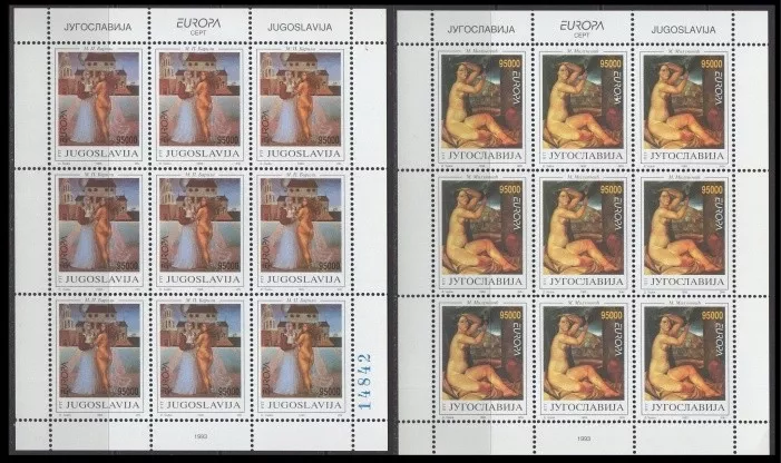 1993 EUROPA CEPT YUGOSLAVYA, NÜ TABLOLAR DAMGASIZ MNH TABAKA TAM SET