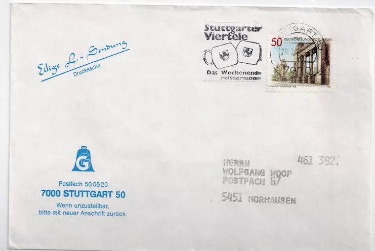Stuttgart 1988 – “Das Wochenende reiseerleben” Özel Damgalı Anma Zarfı